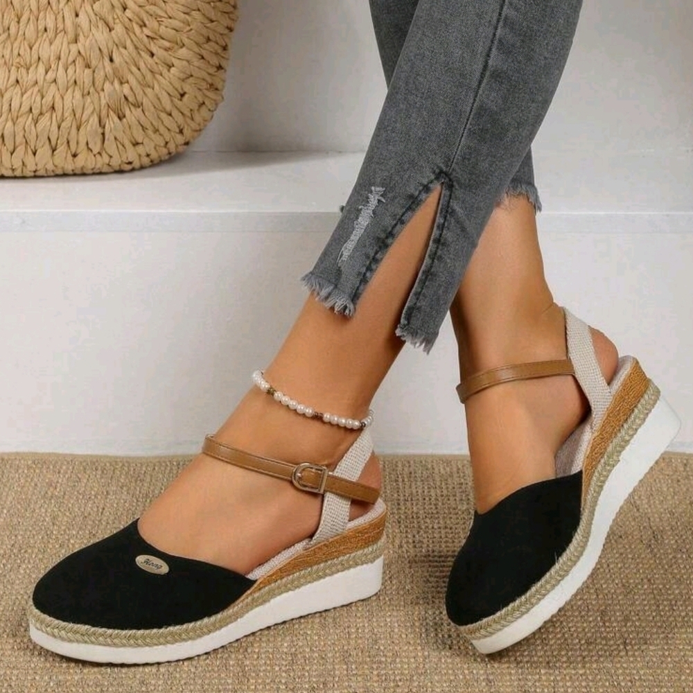 Women's Hollow-out Wedge Heel Sandals With Woven Sole, Black, Elegant Style - Picture 1 of 7